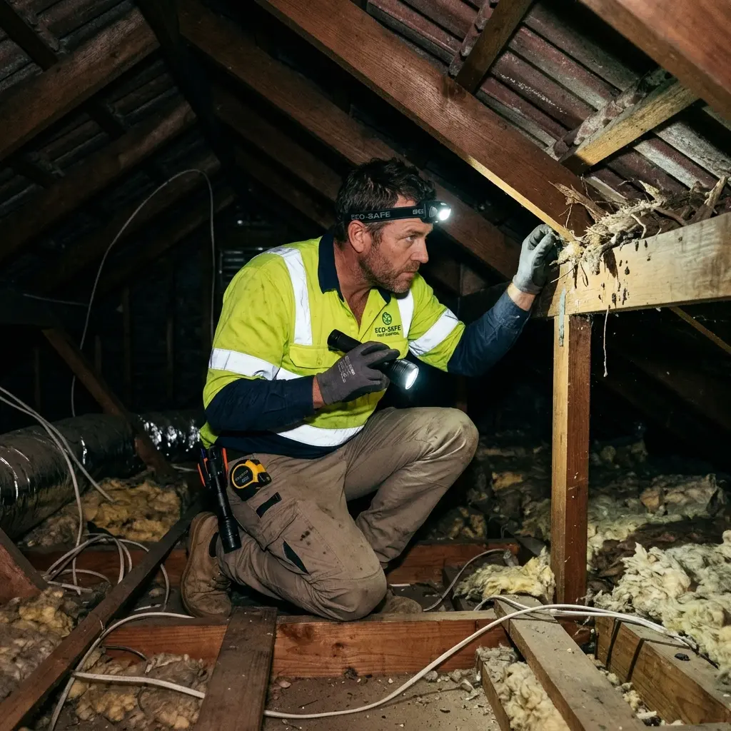 Technician inspecting a roof cavity for a dead animal in Lethbridge