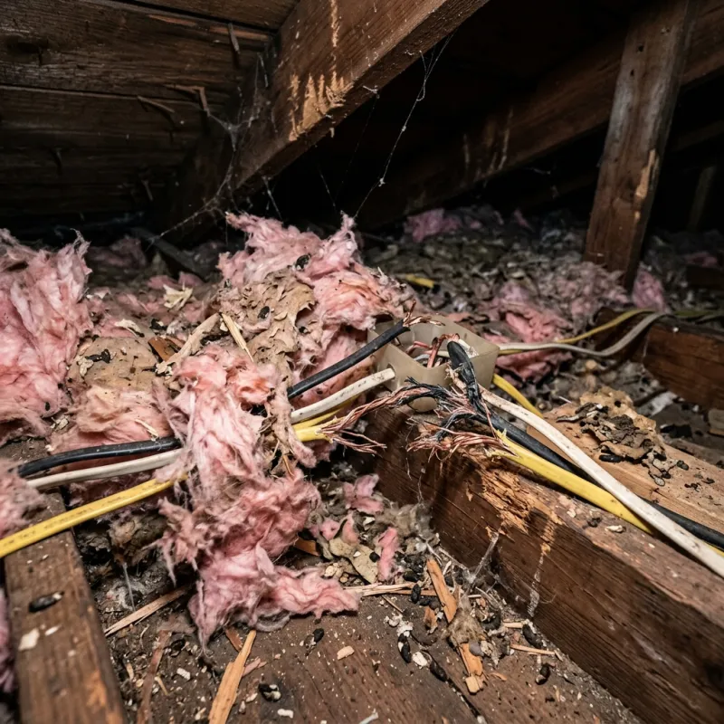 Contaminated ceiling insulation being assessed in a Lethbridge roof space