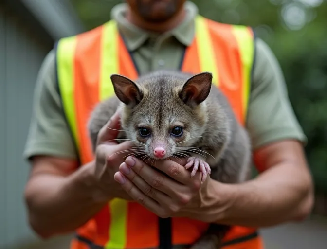 Animal handler safely recovering a deceased possum in Lethbridge